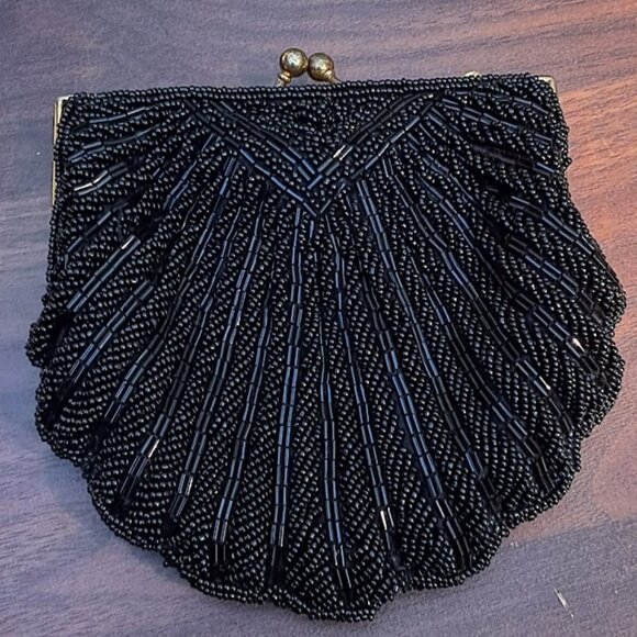 Vintage Black Clamshell Hand Beaded Silk Evening Clutch Bag, Kiss Lock - Picture 1 of 8